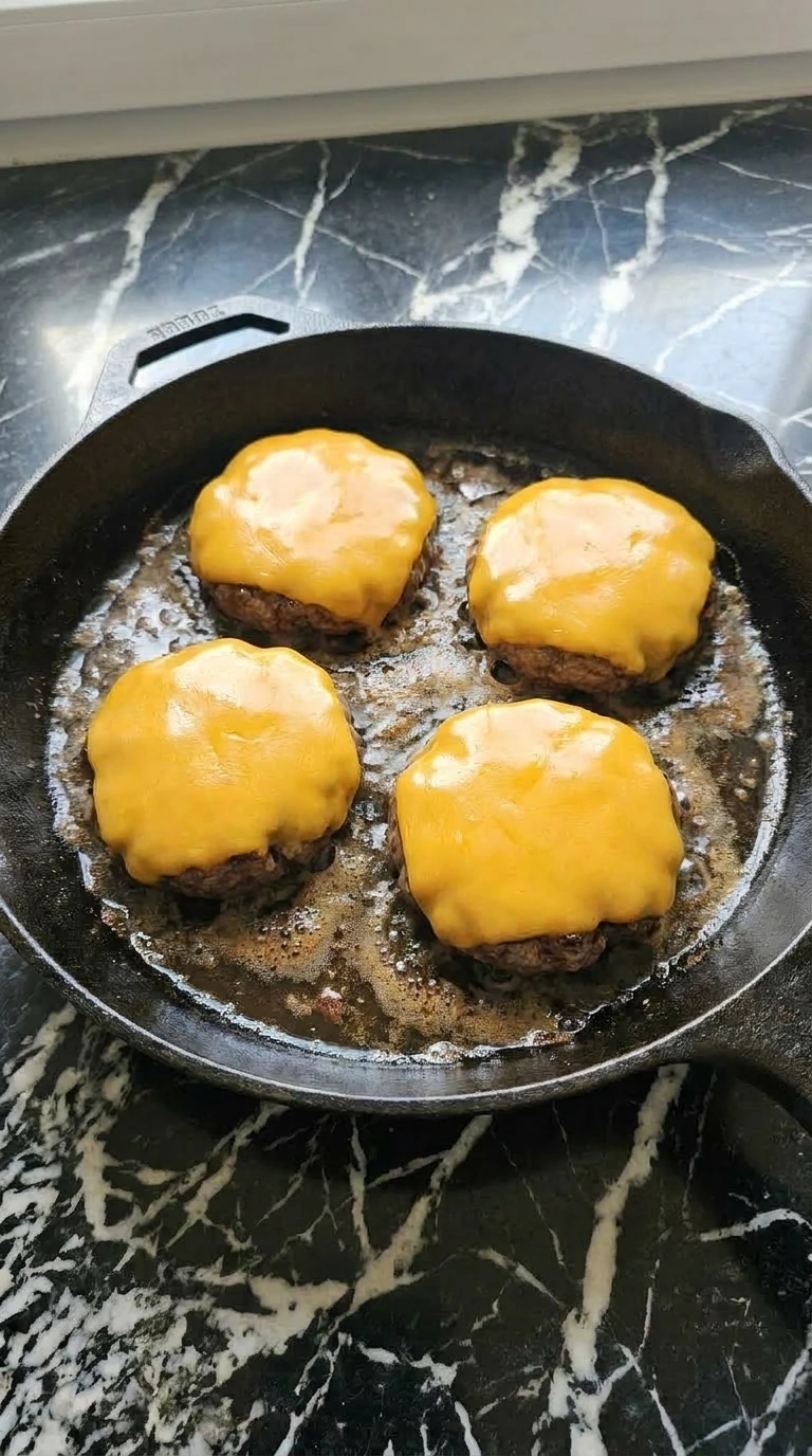 Melted sharp cheddar cheese draping over cooked burger patties in a skillet
