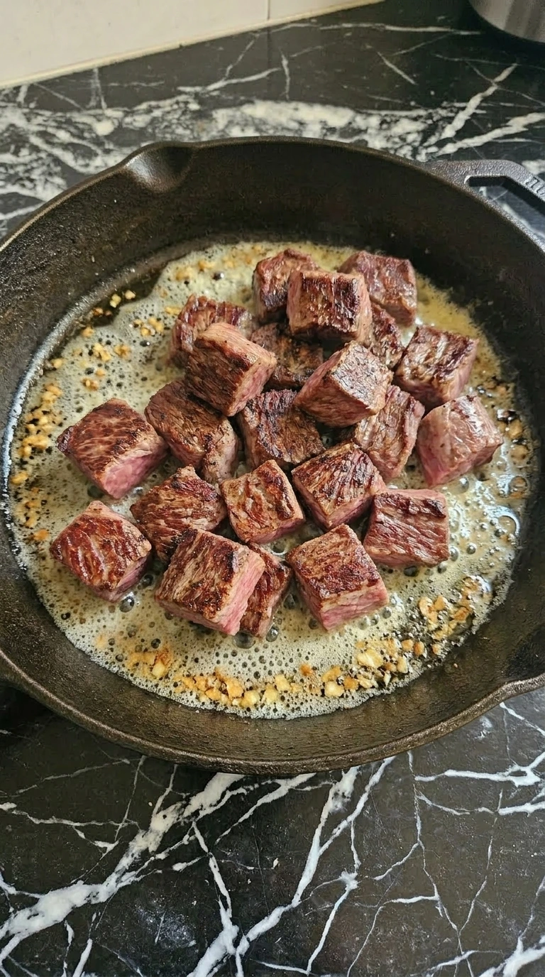 Melting butter and garlic with steak in a skillet