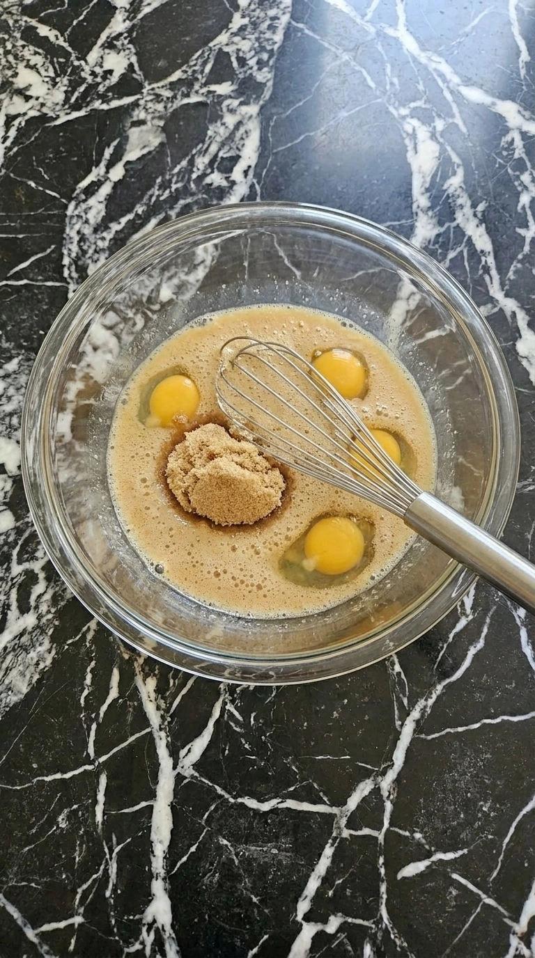 Whisking eggs oil and brown sugar in a glass bowl