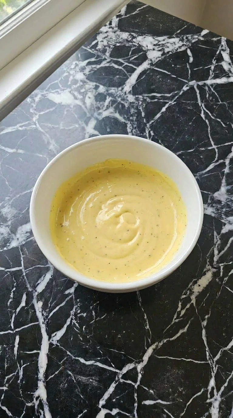 Whisking mayonnaise and spices together in a small white bowl