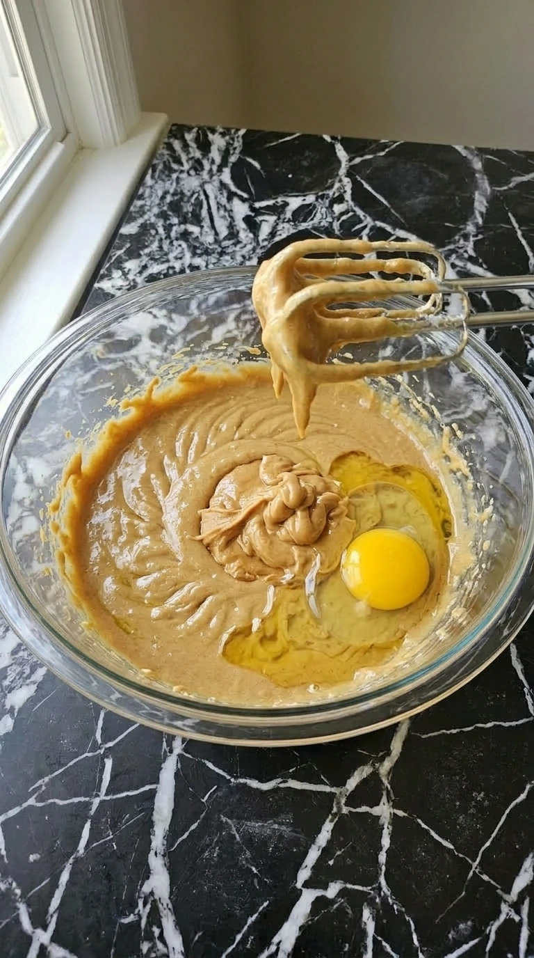 Peanut butter cookie batter mixed in a glass bowl.