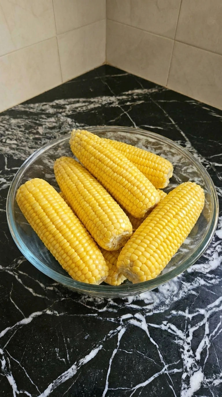 Raw corn cobs coated in oil and salt in a glass bowl