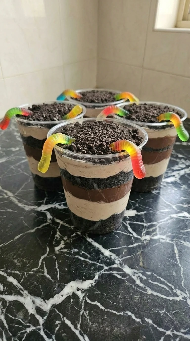 Three completed Oreo dirt cups layered in clear cups with gummy worms crawling out of chocolate crumbs.