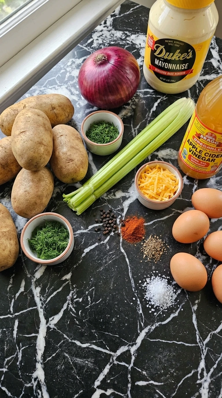 Raw ingredients for potato salad scattered on a white surface