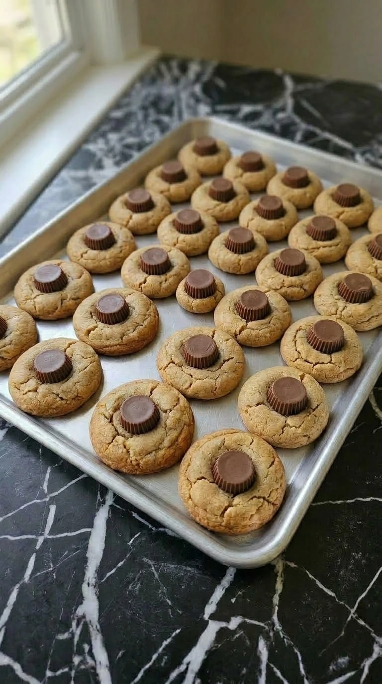Chocolate peanut butter cups pressed into the center of warm cookies.