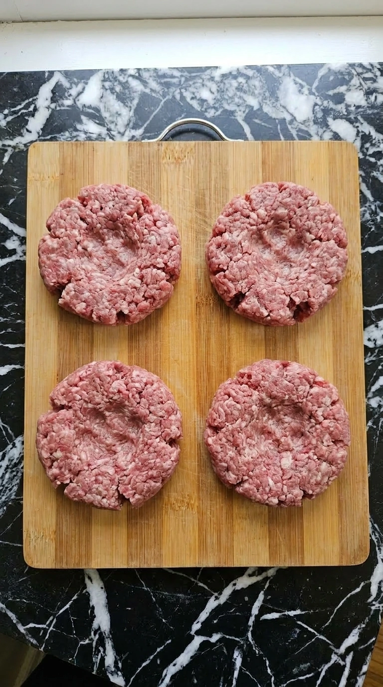 Four raw ground beef burger patties shaped on a wooden board