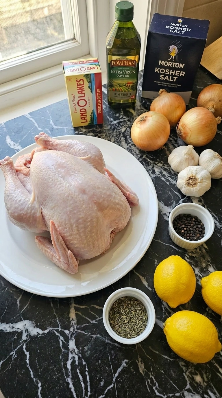 Raw ingredients for roast turkey scattered on a marble countertop
