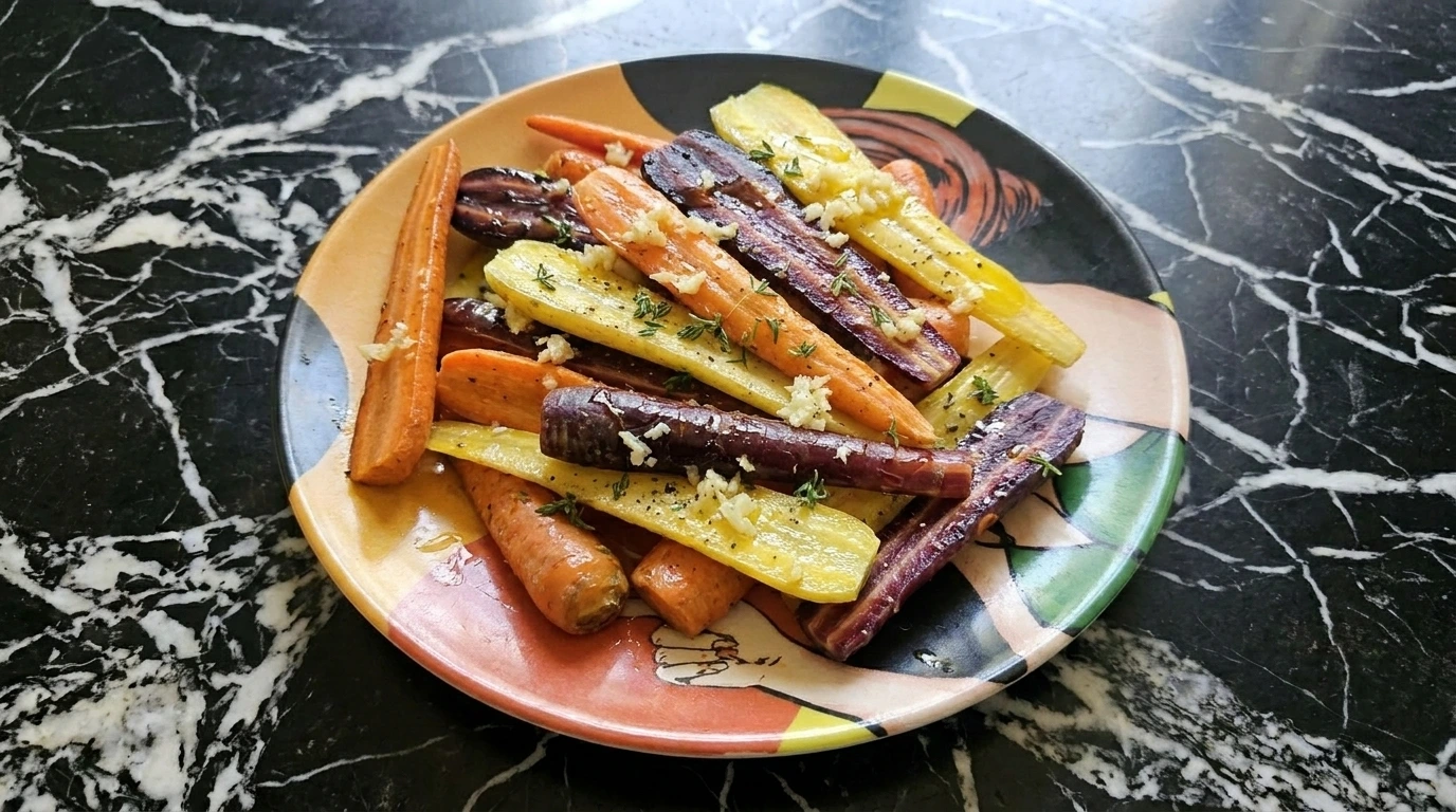 Roasted rainbow carrots with honey garlic and thyme on a serving plate.