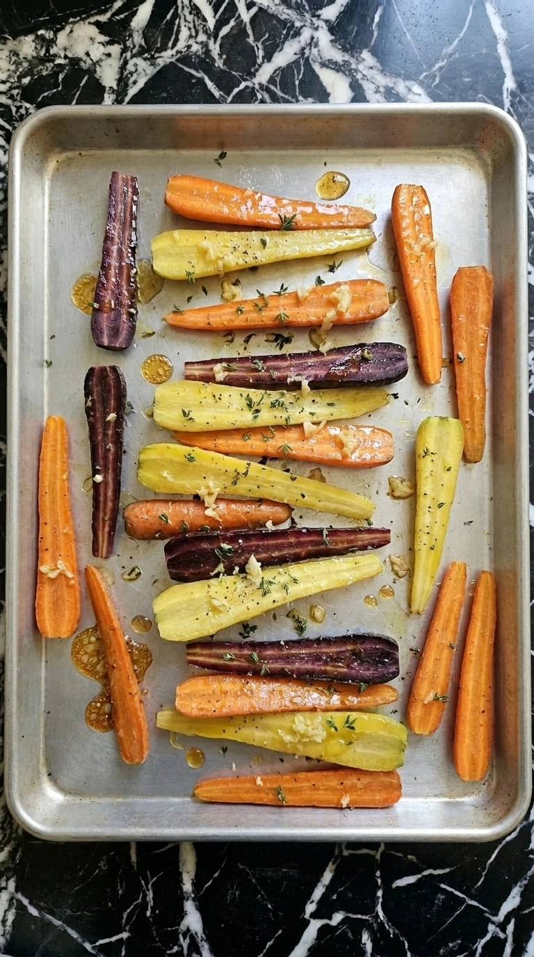 Rainbow carrots roasting on a sheet pan with caramelized edges.