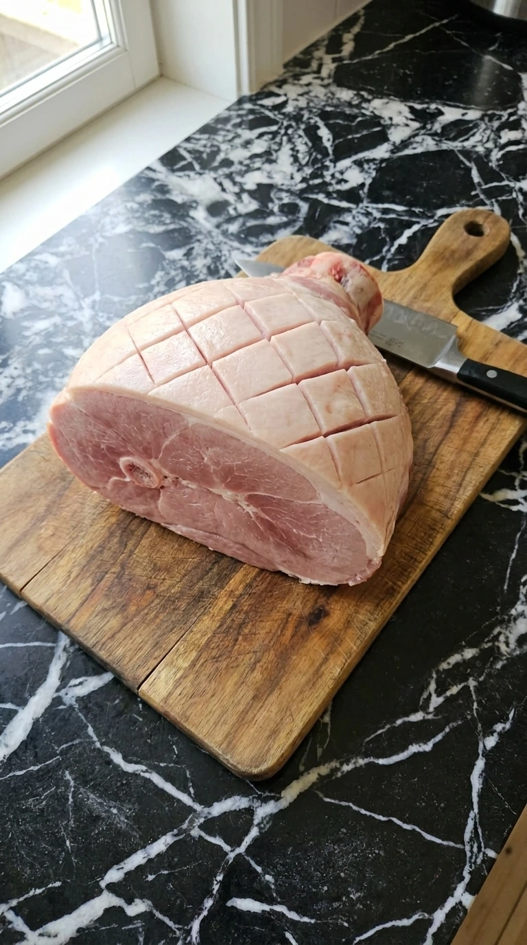 Scoring a raw ham with diamond patterns on a wooden board.