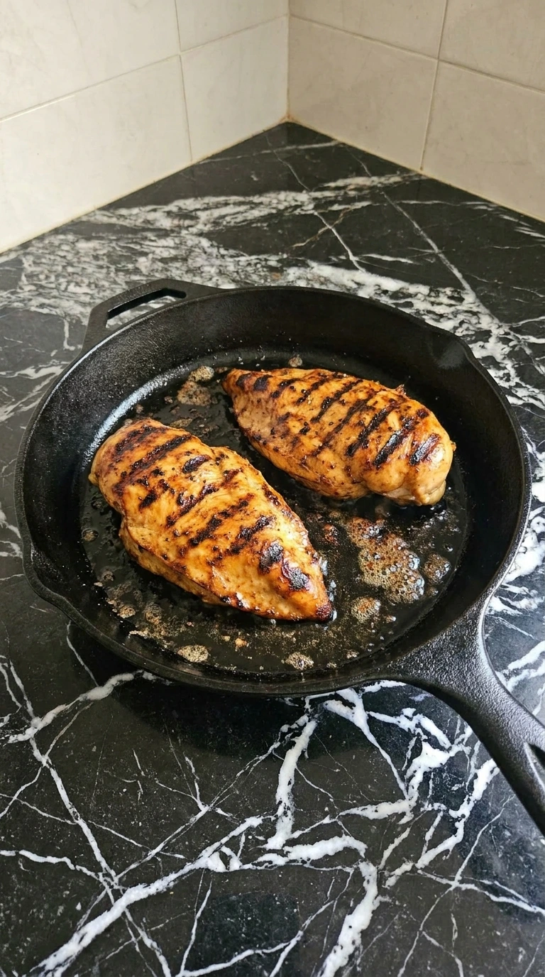Two seasoned chicken breasts cooking with a dark brown crust in a cast iron skillet
