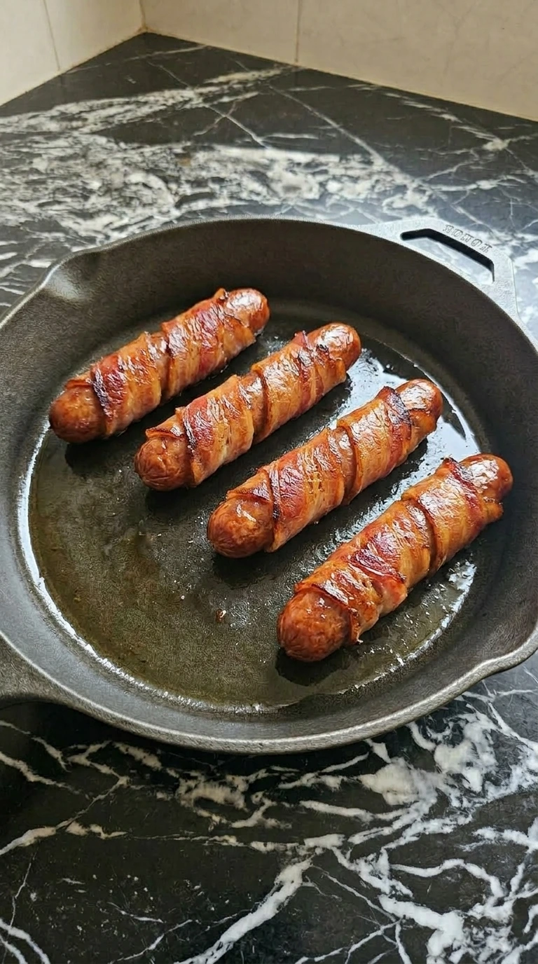 Bacon wrapped hot dogs frying to a deep golden brown in a cast iron skillet