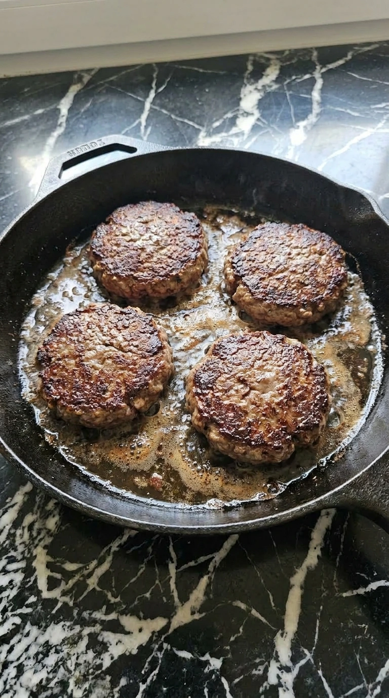 Beef burger patties searing and sizzling inside a hot cast iron skillet