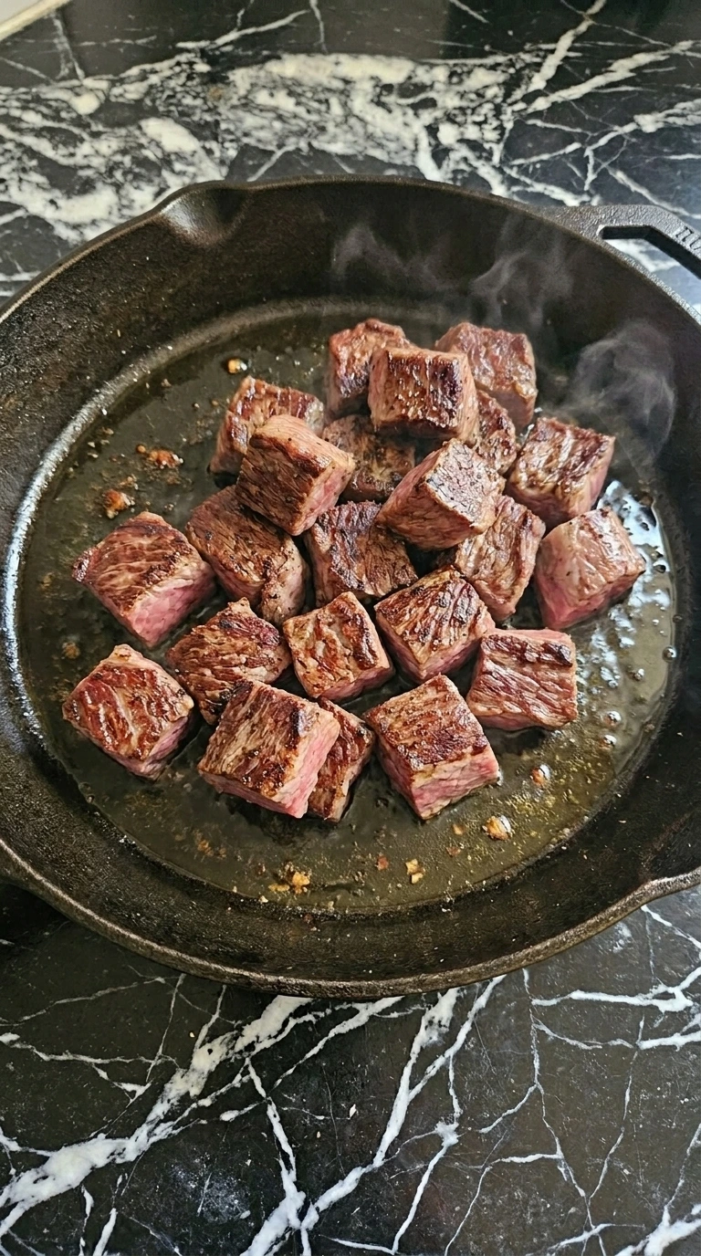 Searing beef cubes in a cast iron skillet