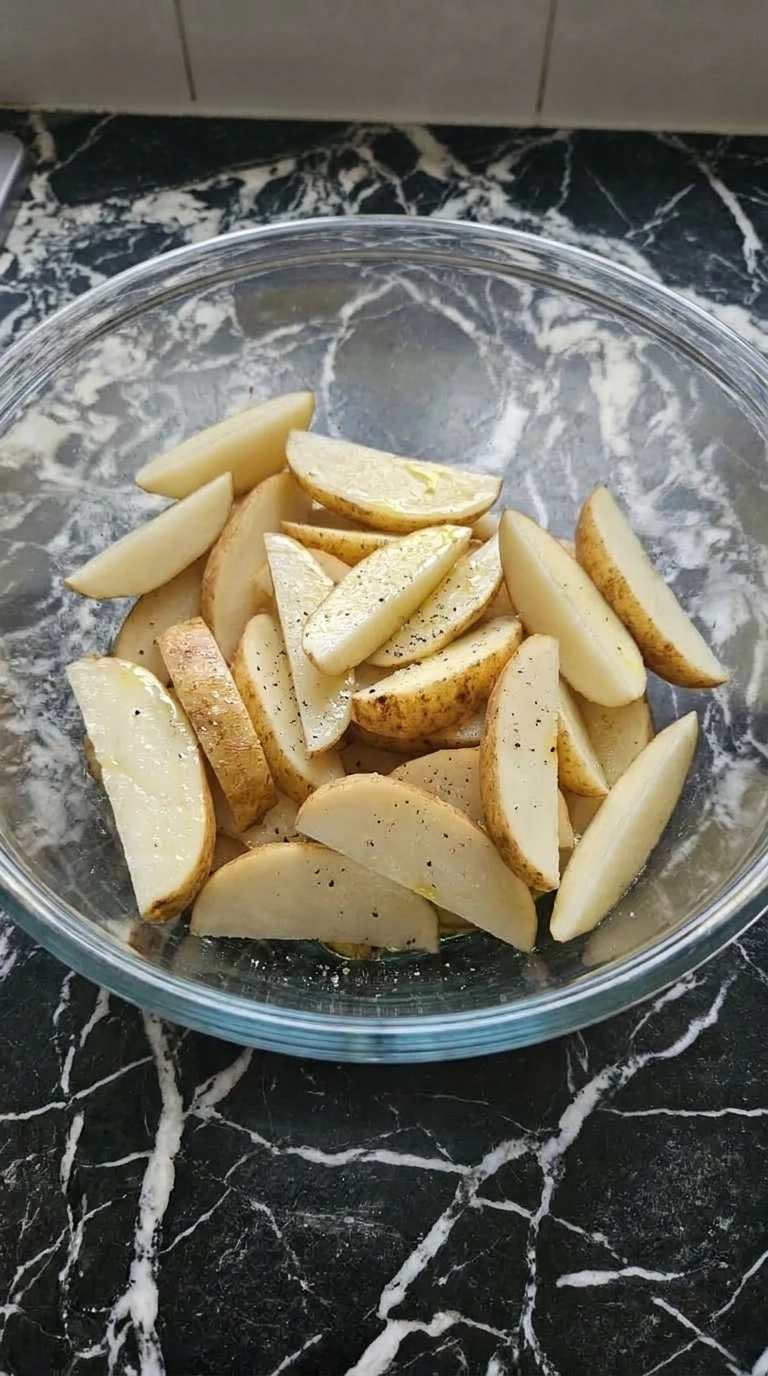 Seasoned raw potato wedges glistening with olive oil and spices in a glass bowl