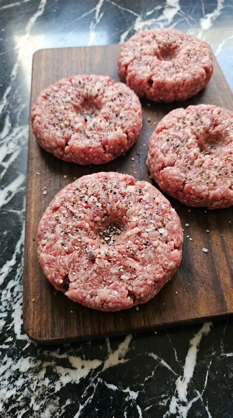Seasoning raw burger patties with salt and pepper on a cutting board