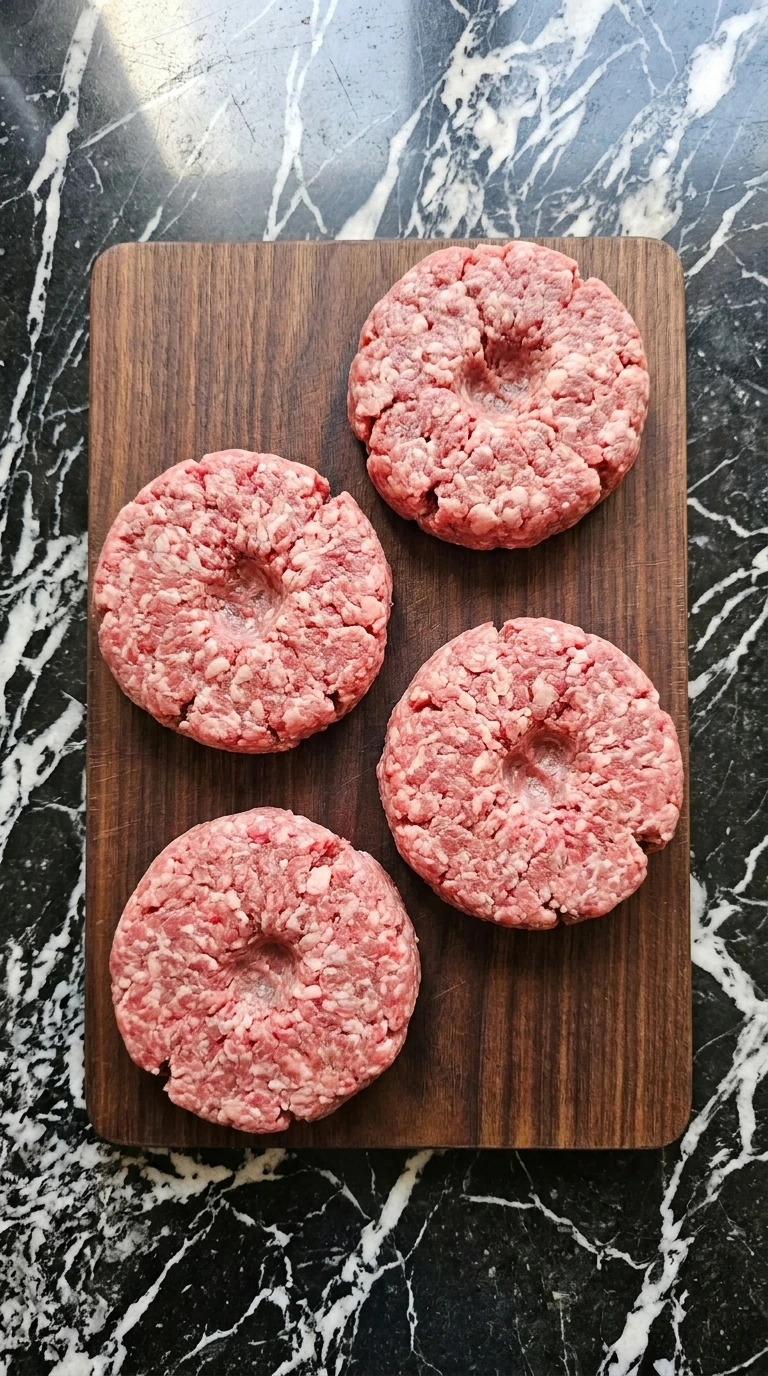 Four raw ground beef burger patties with center dimples on a wooden board