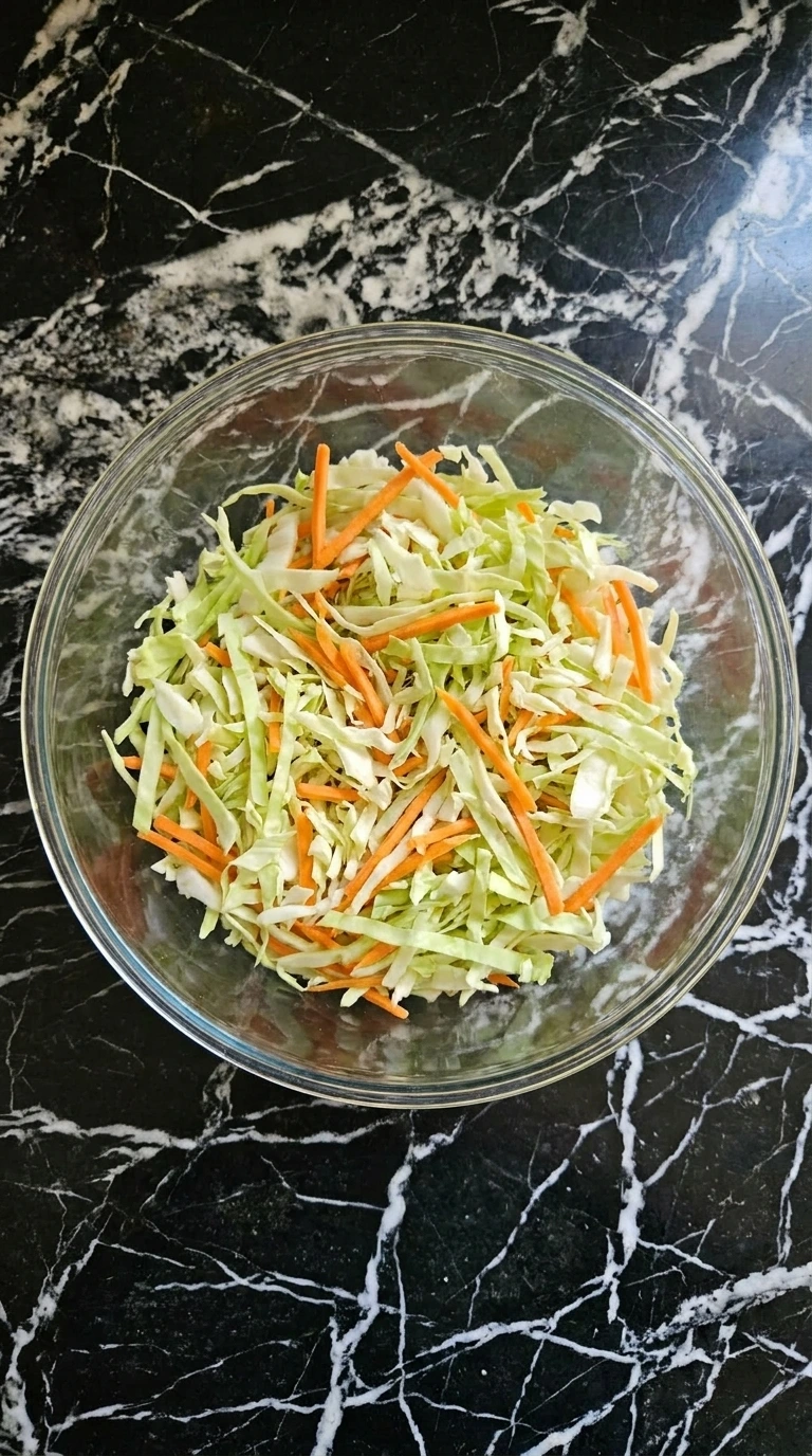 Thinly shredded cabbage and julienned carrots in a glass bowl.