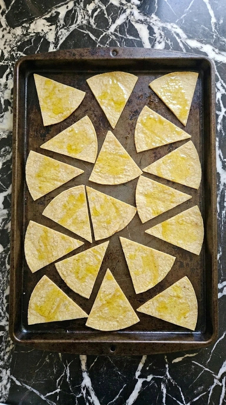 Triangular corn tortilla pieces spread out on a baking sheet