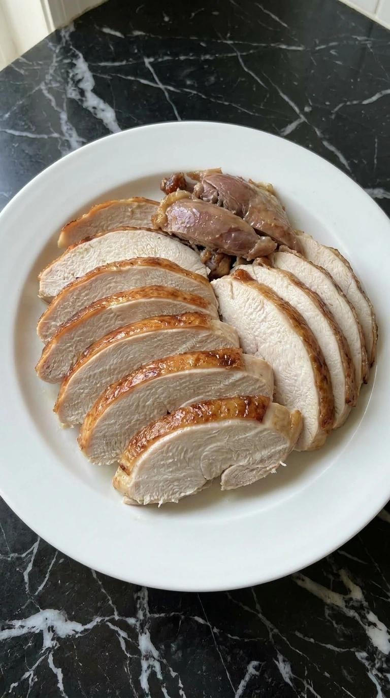 Slices of tender roast turkey breast on a white serving plate