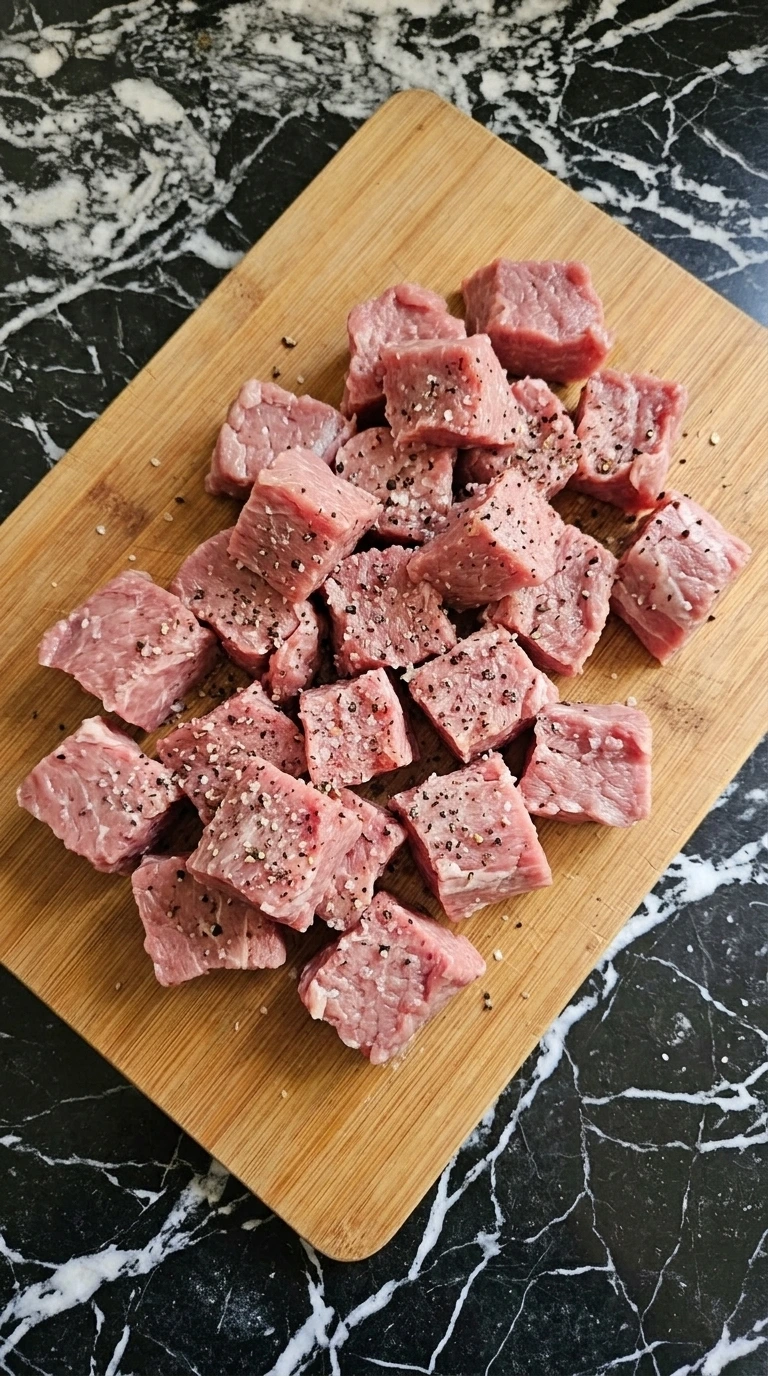 Slicing raw beef tenderloin into cubes