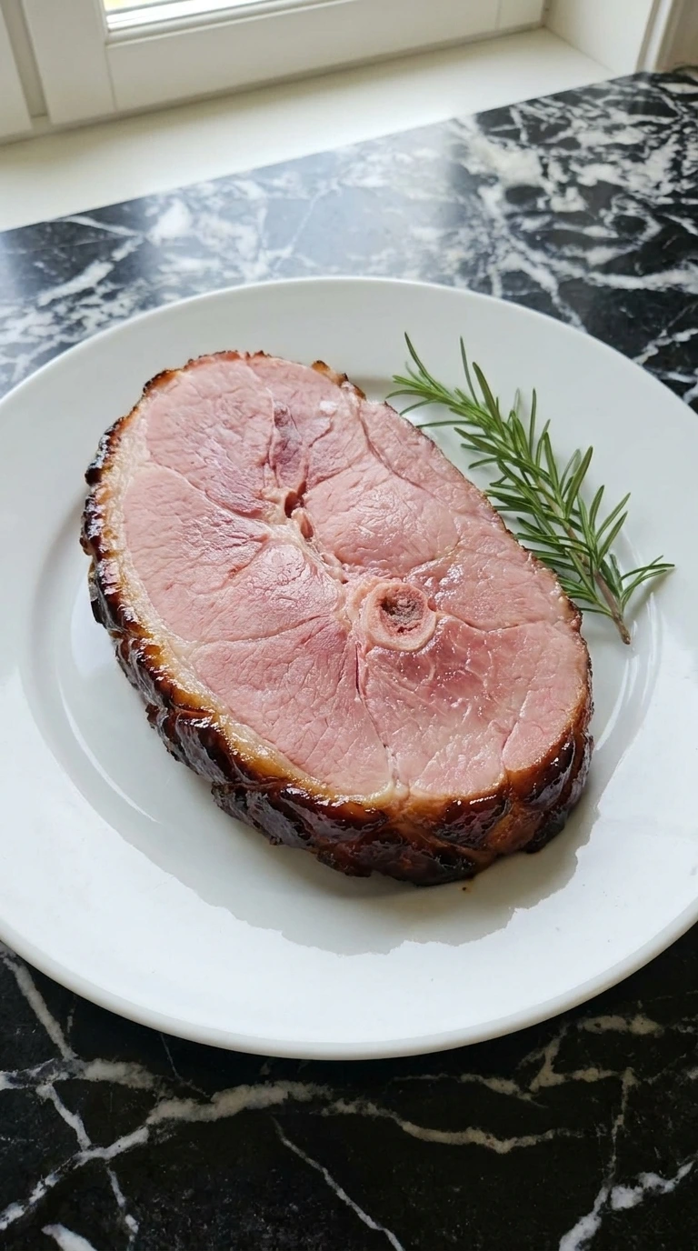 A close up of a single slice of juicy honey glazed ham on a plate.