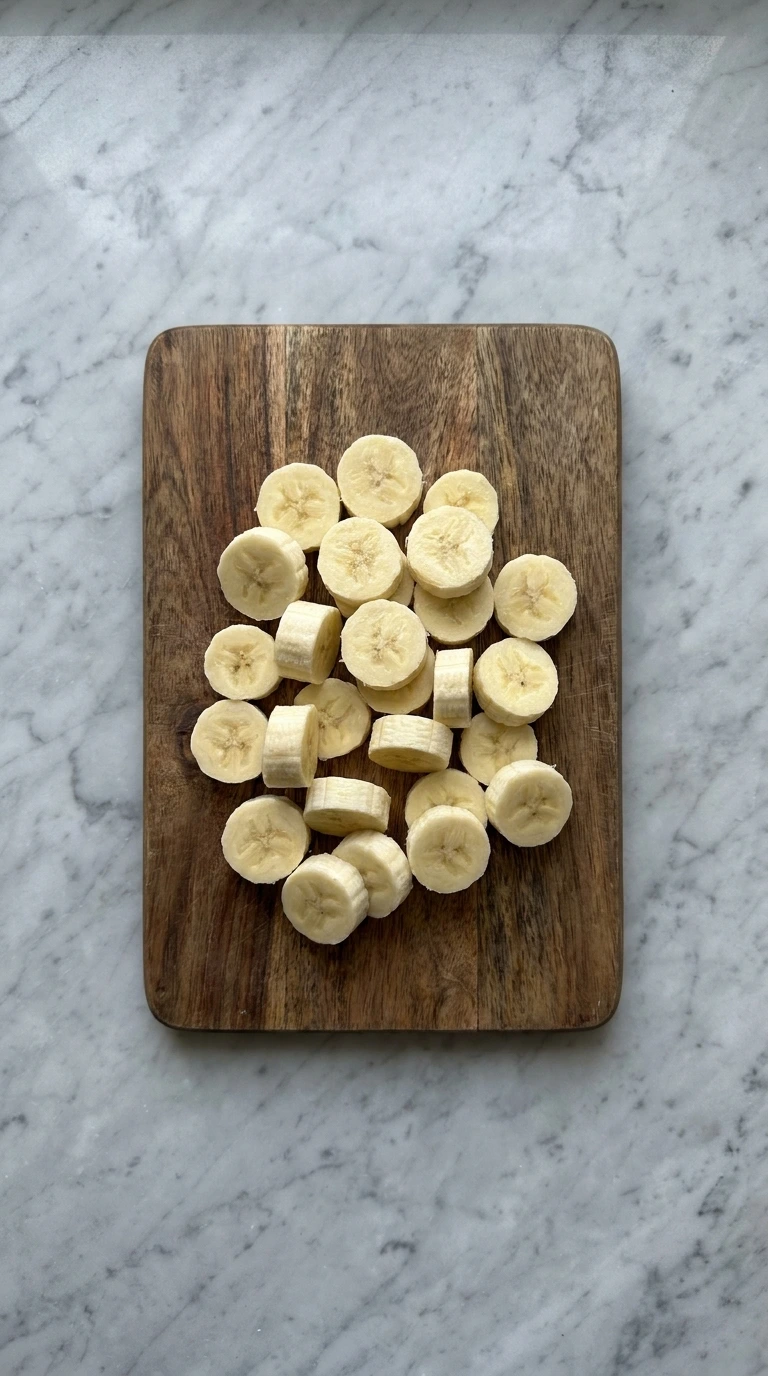 Fresh banana rounds sliced on a wooden cutting board.