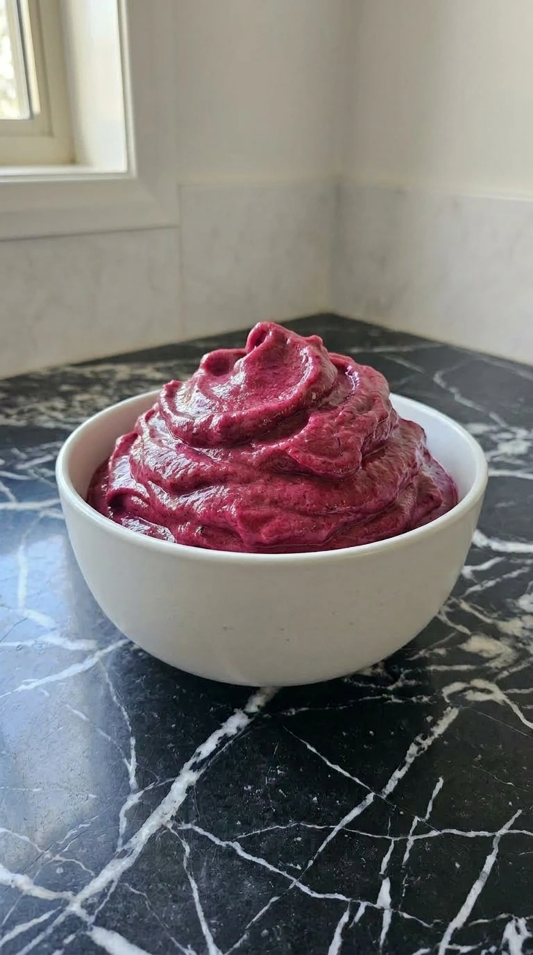 Scooped berry smoothie base in a white bowl