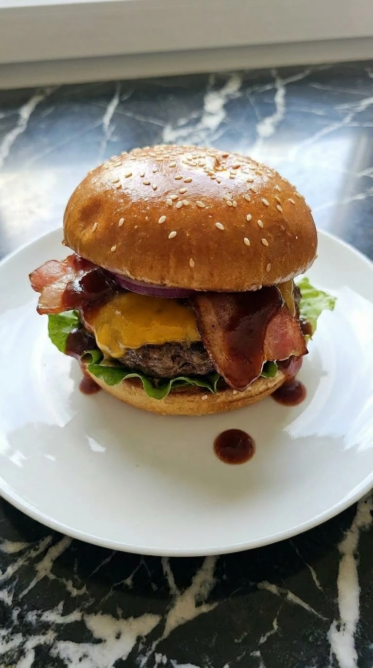 A loaded barbecue bacon cheeseburger with melted cheddar and crispy bacon on a white plate