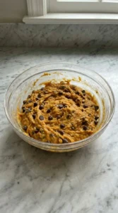 Chocolate chips folded into thick orange pumpkin muffin batter.