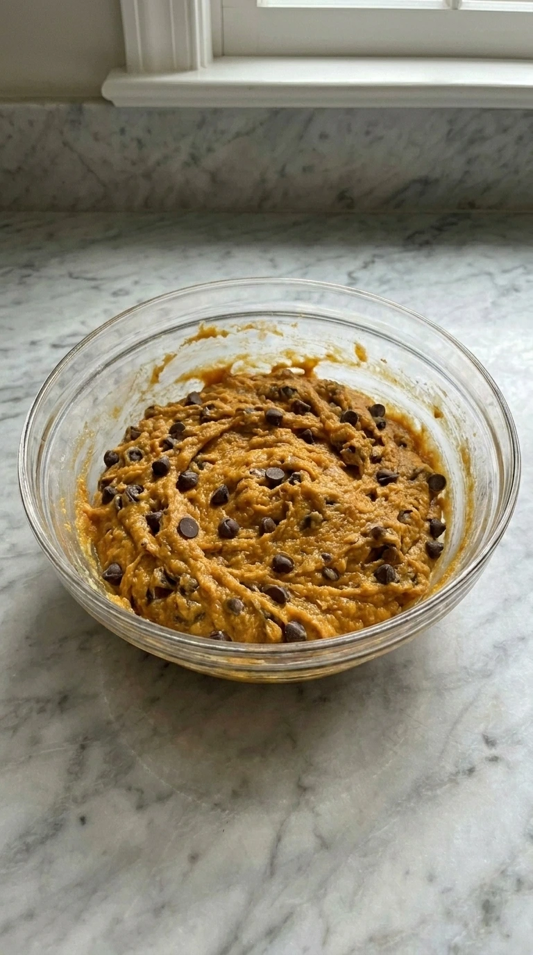 Chocolate chips folded into thick orange pumpkin muffin batter.