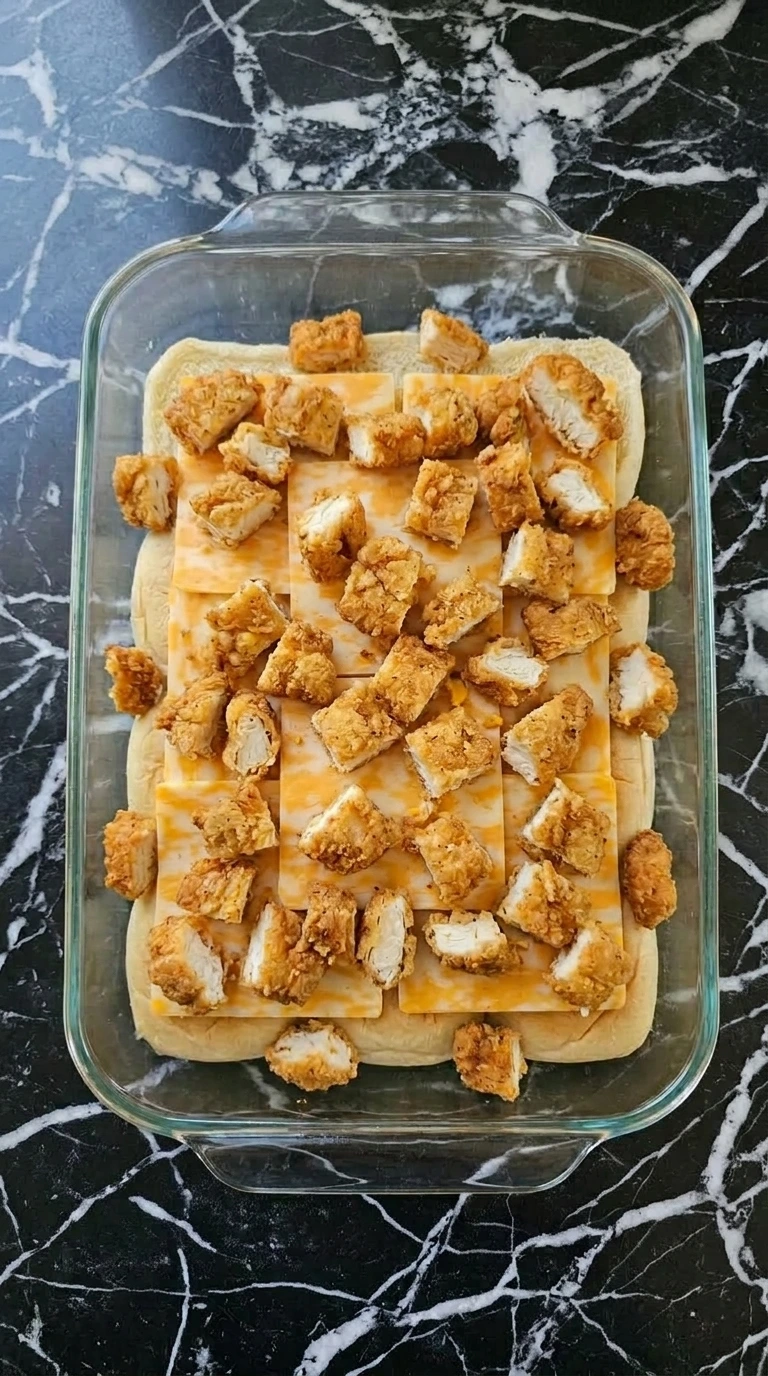 Crispy breaded chicken pieces layered over cheese in a glass baking pan