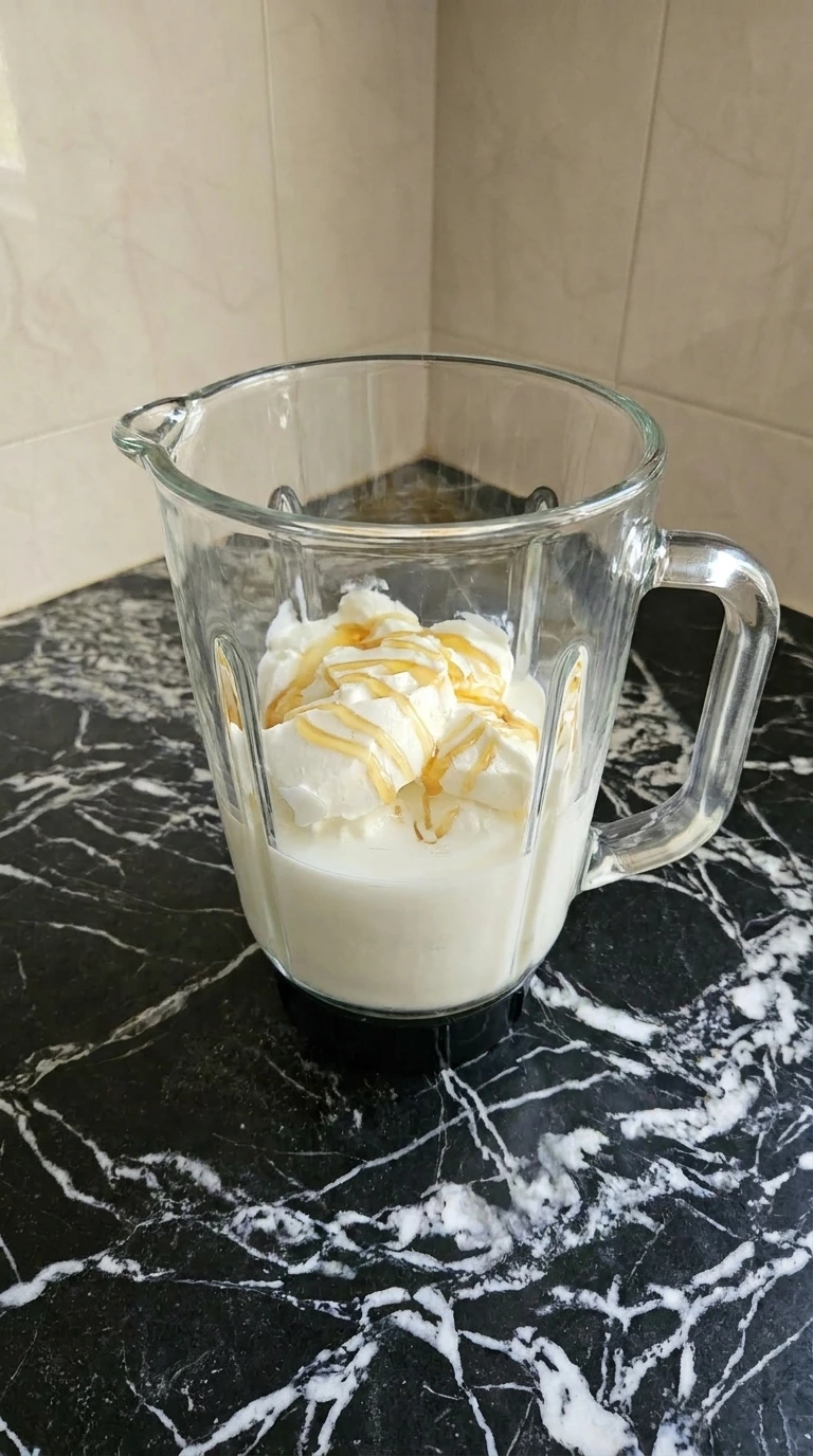 Milk yogurt and honey added to the bottom of a clear blender jar