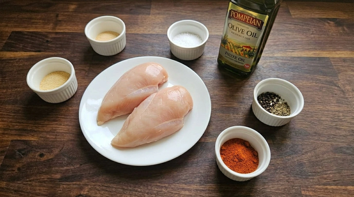 Raw ingredients for air fryer chicken breast scattered on a surface