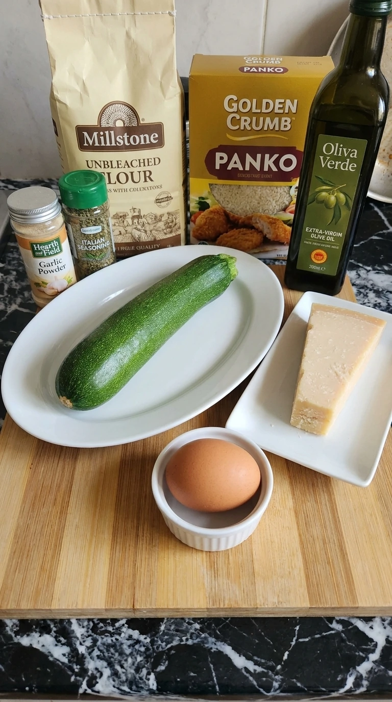Ingredients for Air Fryer Zucchini Chips including green zucchini, panko and Parmigiano Reggiano Recipe focus: Zucchini In The Air Fryer.