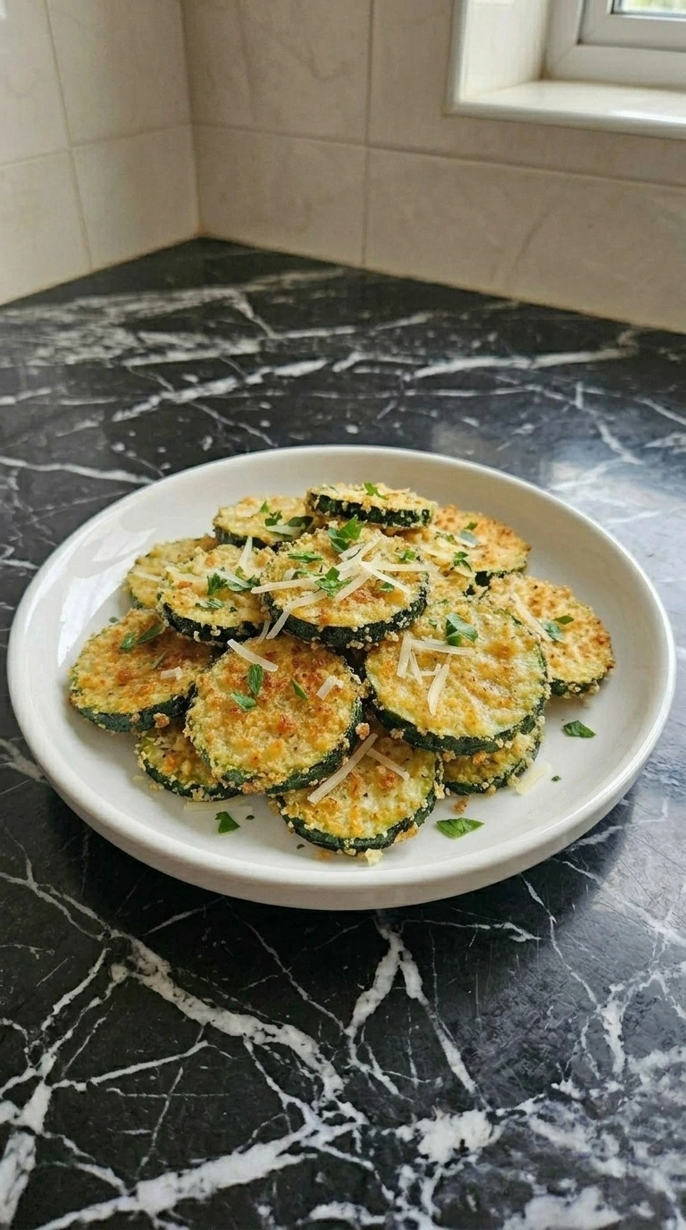 Golden Air Fryer Zucchini Chips with panko and Parmigiano Reggiano on a white plate Recipe focus: Air Fryer Squash With Parmesan.