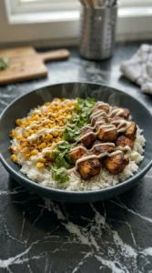 A finished chicken rice bowl with sauce and cilantro garnish.