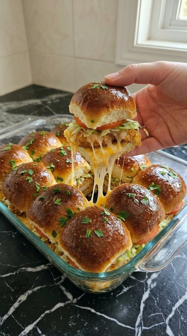 A pan of baked hot honey chicken sliders with melted cheese pulling apart