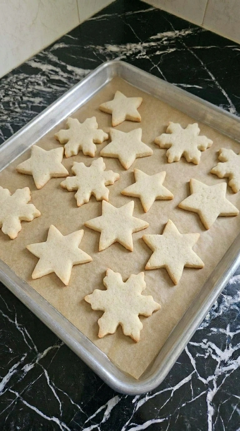 Freshly baked sugar cookies on a sheet pan