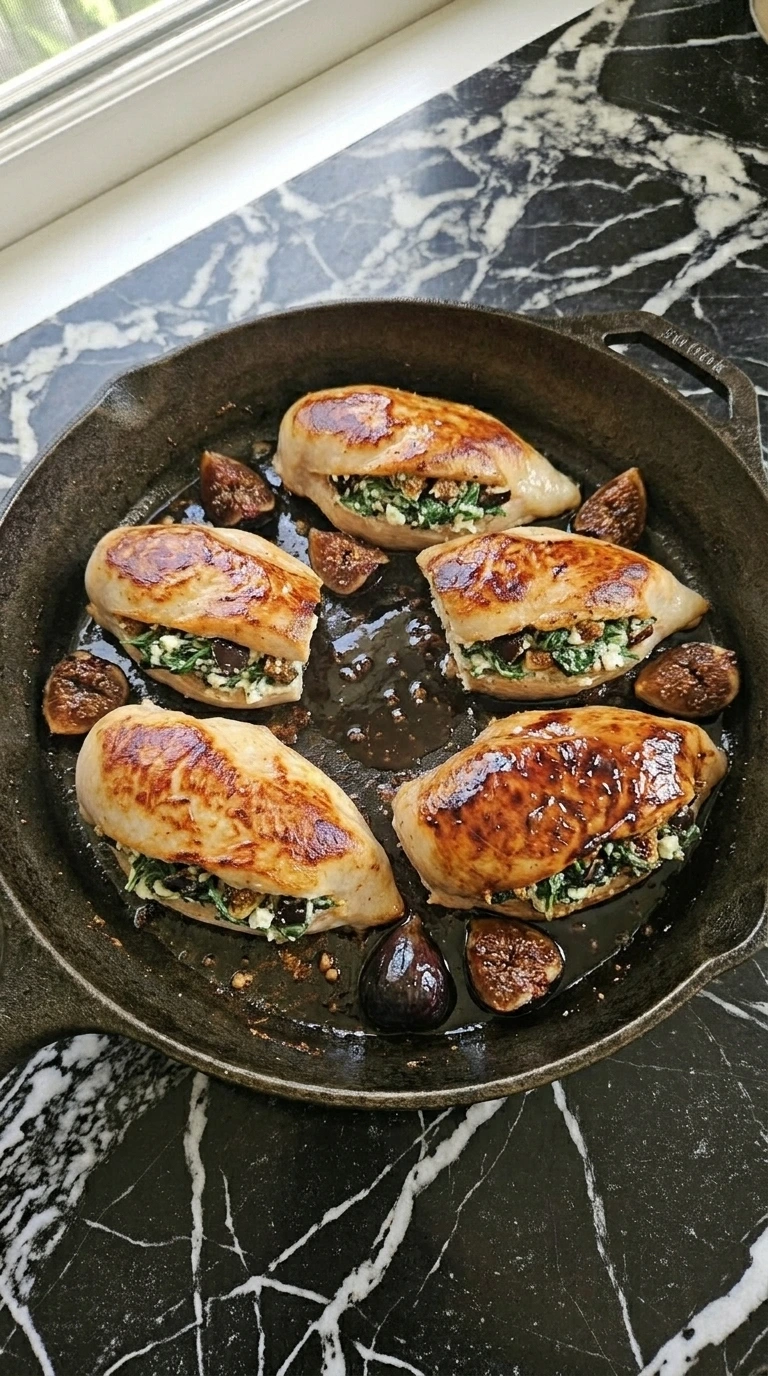 Fig and goat cheese stuffed chicken baked in glossy balsamic glaze