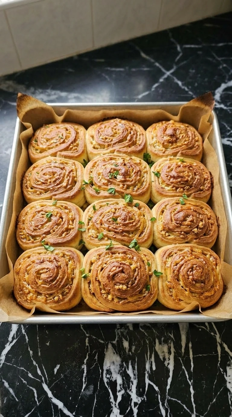 Baked golden brown garlic bread rolls with melted cheese and fresh green parsley.