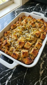 Baked stuffing with a golden-brown crispy crust in a white ceramic dish