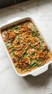 A freshly baked green bean casserole in a white ceramic dish with a golden fried onion crust.