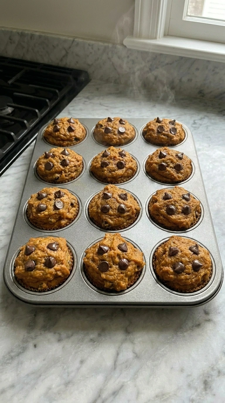 Freshly baked pumpkin chocolate chip muffins cooling in the metal tin.
