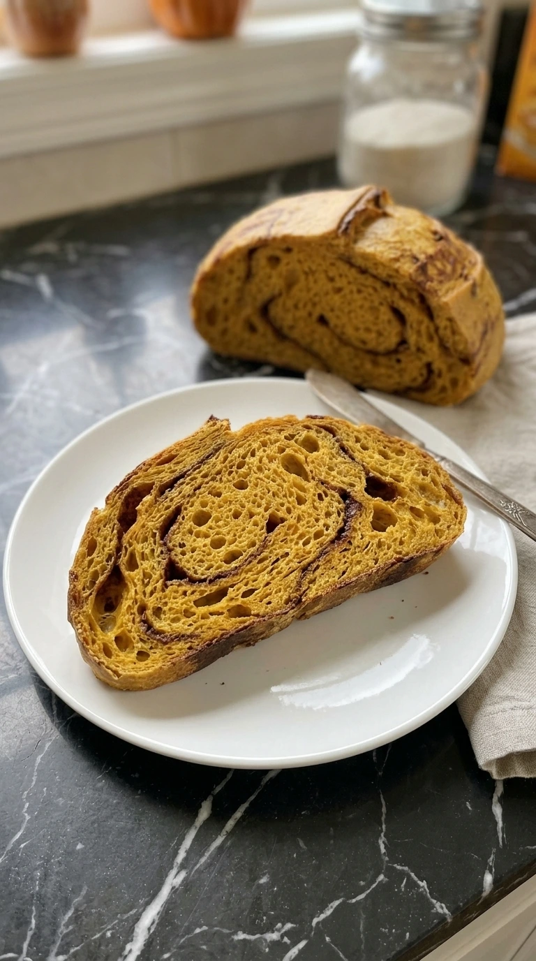 Baked pumpkin sourdough bread with crisp crust inside a black cast iron Dutch oven. Recipe focus: Fall Sourdough Bread Recipes.