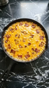 Baked warm cheese dip bubbling in a cast iron skillet with melted cheddar and bacon.