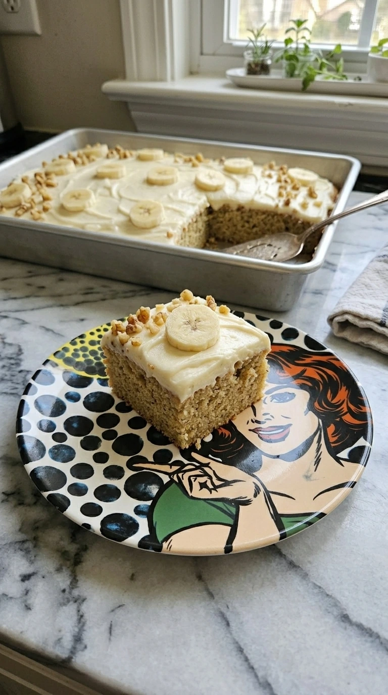 Banana Cake with cream cheese frosting, banana slices and chopped walnuts in a rectangular pan.