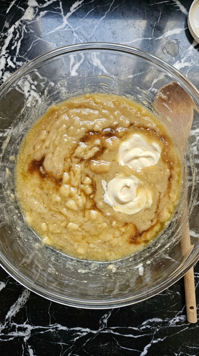 Mashed ripe bananas blended with sugars, butter, eggs, sour cream and vanilla for Banana Cake.