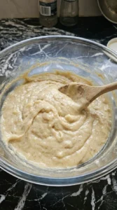 Thick Banana Cake batter after flour, cinnamon and leaveners are gently folded in.