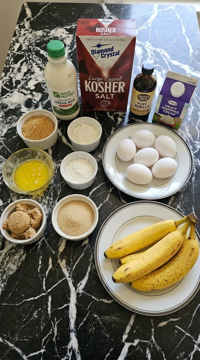 Ingredients for Banana Cream Pie including bananas, graham crumbs, milk, cream, egg yolks and vanilla.